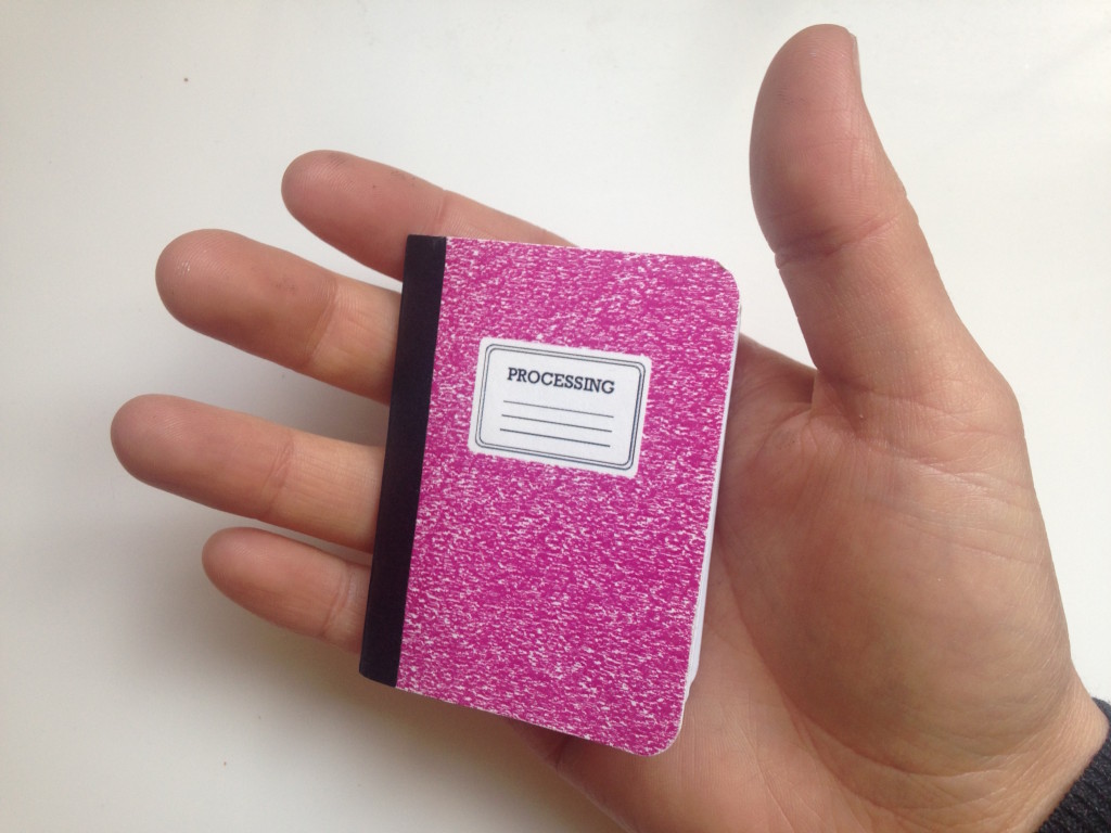 mini processing book in hand